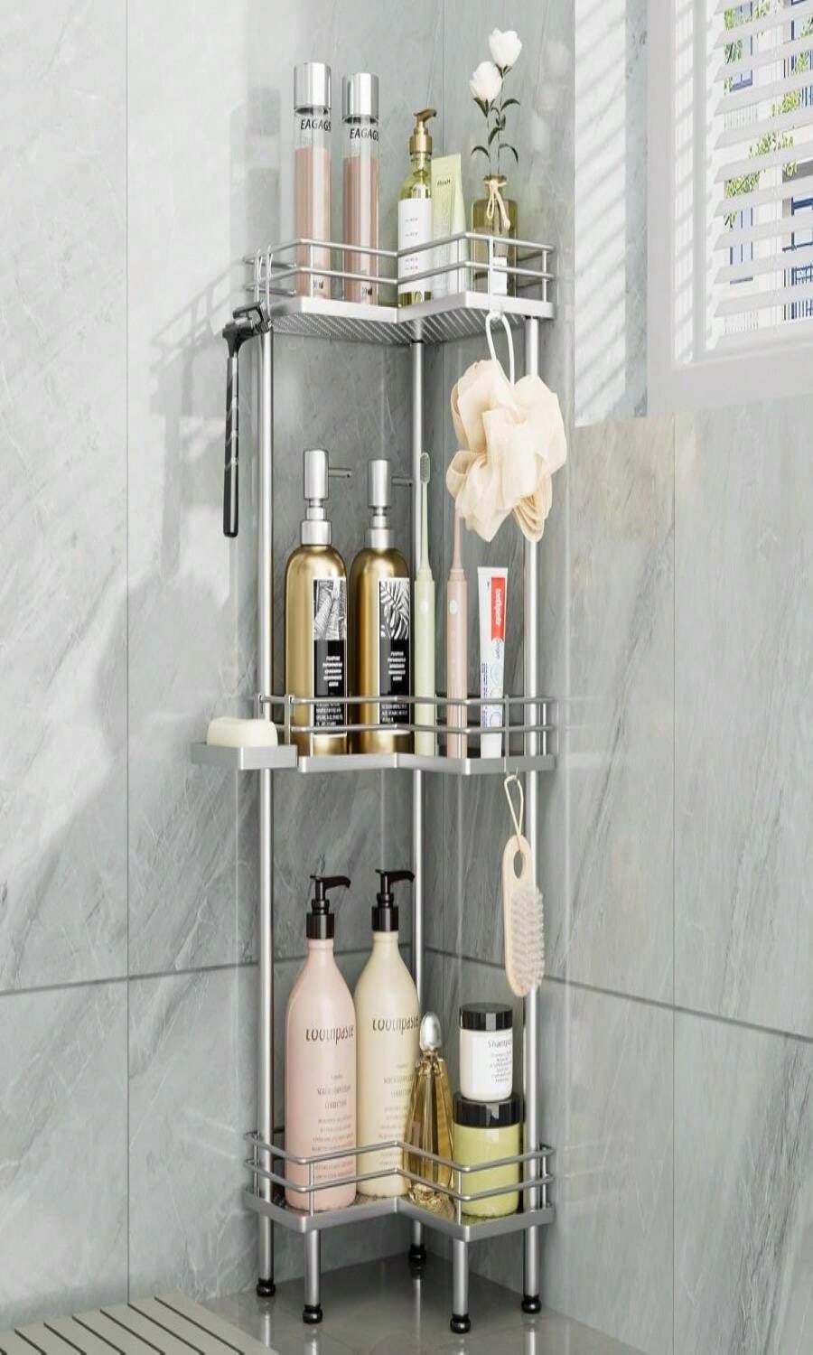 Consumest Corner Shower Caddy Standing - 3-Tier Stainless Steel Shower Organizer With Soap Holder And 4 Hooks, Large Capacity Corner Shelf Stand For Bathroom, Rest Room, Black - ColorB - 查看 1