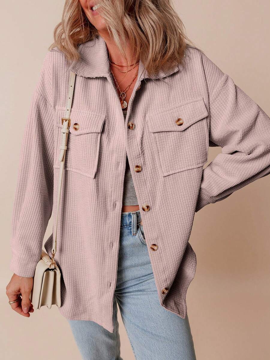 Acelitt Damen Winter Einfarbiges Cord Retro Stil Lässige Locker Kragen Hemd Jacke