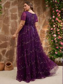 Damen Große Größen Elegantes einfarbiges elegantes süßes romantisches Partykleid mit Tüll, Empire-Taille, Schleife für Hochzeitsgäste, Abschlussball, formelle Party, Graduation, Tanz, Hochzeit im Frühling, Sommer, Herbst, Winter - Lila - Übersicht 2