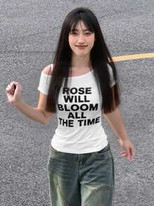 Solid Color Letter Print Oblique Shoulder Short Sleeve Slim Casual Women T-Shirt, Spring/Summer White - White - View 1