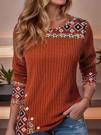 Women Elegant Fashion Casual Patchwork Button Detail Ribbed Knit Top, Suitable For Spring And Autumn/Winter
