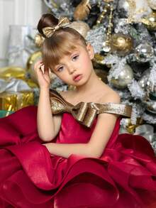 Young Girl Christmas Dress, Bow Decor Tulle Princess Party Dress, Suitable For Girls Birthday Party, Holiday Celebration, Wedding And Other Important Occasions - 酒紅色 - 查看 2