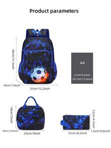3 pezzi Set di zaini con stampa calcio, design a scomparti multipli di grande capacità, fodera in poliestere, cinghie per le spalle regolabili e confortevoli, tasche laterali per bottiglie d'acqua e ombrelli, adatto per uso quotidiano e viaggi, zaino in poliestere resistente all'acqua e durevole, regalo per il ritorno a scuola o il Natale