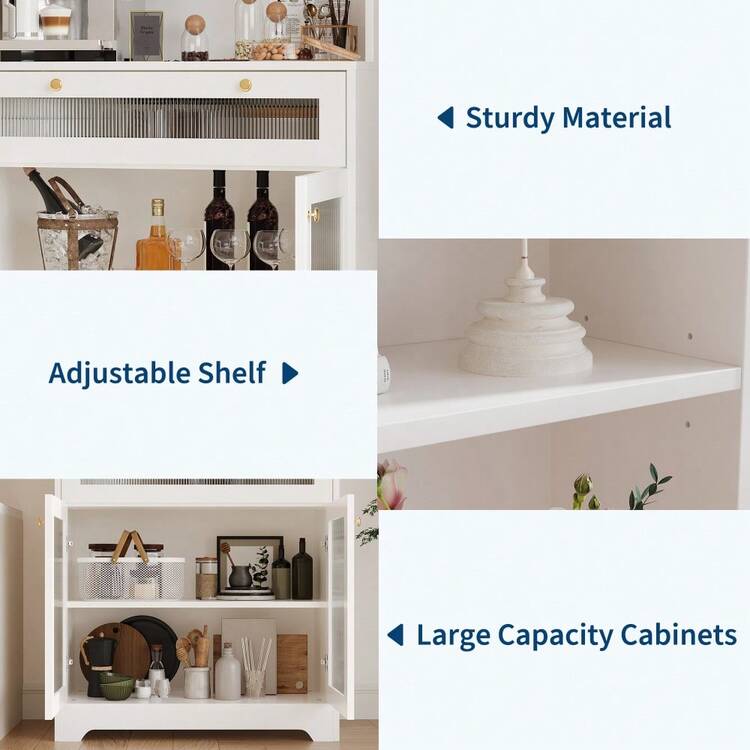 62" Kitchen Pantry Cabinet, Wooden Tall Sideboard Buffet Cabinet With Large Microwave Stand, Hutch Cupboard, Pantry Storage Organizers Coffee Bar For Dining Room Or Living Room - 白色 - 查看 3