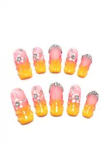 10片手工制作，3.3厘米方形可佩戴美甲贴片，沙滩必备，美甲贴片，按压式美甲，美甲用品，夏季美甲，按压式亚克力美甲，长指甲，钻石，花朵，腮红，立体造型，法式，渐变，三维雕塑凝胶，百搭，朋克风，适合海滩，沙滩手工按压式美甲贴片 - 彩色 - 查看 4