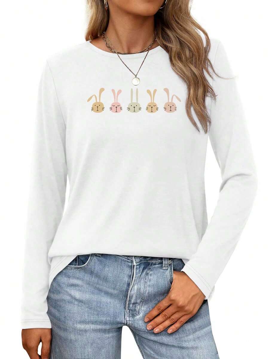 Five Bunny Faces In Soft Pastel Colors Womens Long-Sleeve Crewneck T-Shirt - White - View 1