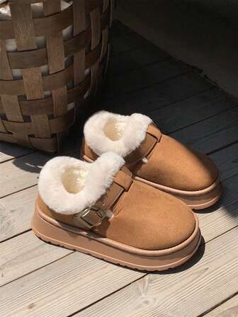 XIXITIAO 1 par de pantuflas con hebilla, forradas y térmicas, cómodas botas de nieve, pantuflas de suela suave y de unicolor, versátiles y de moda, pantuflas de felpa retro