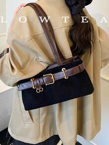 1 件 Low Tea 纯色绒面革单肩包，女士复古时尚方形单肩包，顶部双提手，拉链开合，适合旅行、购物、约会、女士礼物，非常适合通勤、户外、旅行、徒步旅行 - 黑色 - 查看 7