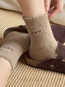 Conjunto de 4 pares de meias femininas grossas e quentinhas com estampa de animais e laços, ideais para uso doméstico, outono/inverno. Meias aconchegantes. - Multicolorido - Ver 5