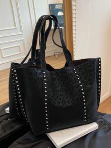 Geantă de umăr din piele PU cu imprimeu leopard pentru femei, nouă la modă, cu capacitate mare, decor cu nituri, stil vintage elegant, potrivită pentru întâlniri, cumpărături, naveta, versatilă - Negru - Vizualizare 5