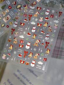 2025新款5D雪人可爱小熊美甲贴纸，带蝴蝶结、圣诞帽、礼盒、铃铛、圣诞树卡通节日美甲趣味自粘贴纸装饰，适合女性指甲 - 彩色 - 查看 3