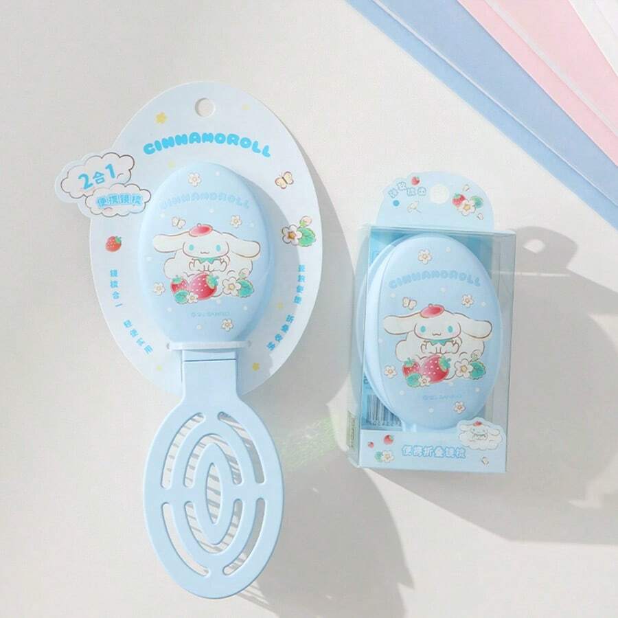 Miniso 三丽鸥肉桂狗草莓系列便携式折叠镜梳 - 蓝色，可爱卡通设计，镜子和梳子一体，方便收纳，非常适合补妆和造型，适合通勤/旅行/外出（1个） - 藍色 - 查看 1