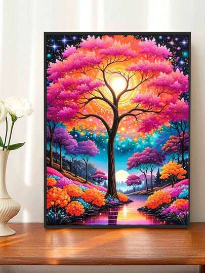 1 件钻石画套装 - 彩色树景观主题，马赛克艺术工艺墙面装饰艺术，客厅、卧室、办公室装饰挂画，节日完美礼物