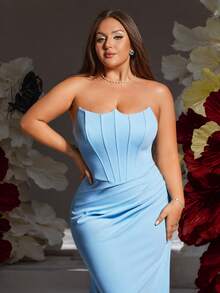 VIPGIRL Váy dạ hội ôm sát cỡ lớn màu xanh da trời không dây dành cho nữ, Đầm dự tiệc ôm sát nhún bèo, Đầm dạ hội thanh lịch, Trang phục dự tiệc dáng dài ôm sát, Đầm sinh nhật, Đầm dài, Trang phục dự tiệc dành cho nữ - Màu xanh lam - Xem 8