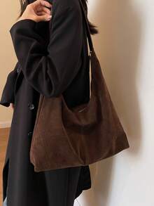 复古绒面革大容量休闲单肩托特包，拼布拼色手提包，优雅百搭通勤托特包，适合女士