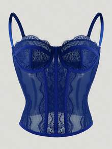 1件蕾丝抹胸露脐上衣，性感女士夜店派对上衣，带扣 - 寶藍色 - 查看 3