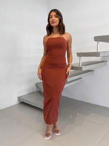 Tailored Midi Dress With Bust, Boning, Back Slit - Rust Brown - View 3