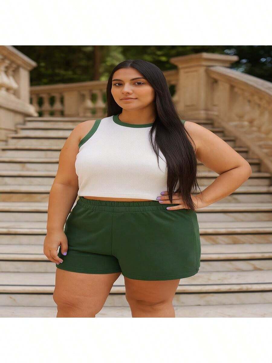 Conjunto Feminino Faby Cropped Ribana Bicolor + Shorts Feminino Cós Alto Moderno Elegante