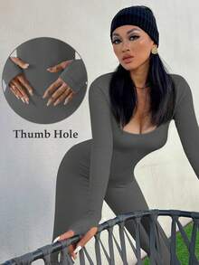 Yefecy Women's Soft Stretch Ribbed Jumpsuit - Long Sleeve Tight-Fitting One-Piece For Yoga Practice