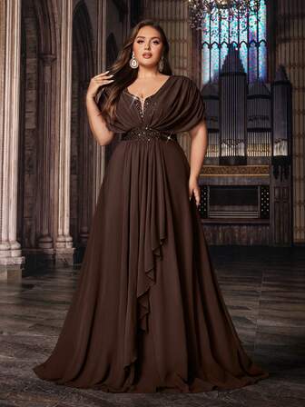 Classic Style Plus Size Women Summer Formal Dress Evening Gowns Upscale Party Dresses For Party, Birthday, Dinner Chiffon Short Sleeve Sequin Splicing Long Dresses