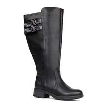 Women's Extra Wide Calf Block Heel Stacked Buckle Hidden Stretch Knee High Boots - Black - View 6