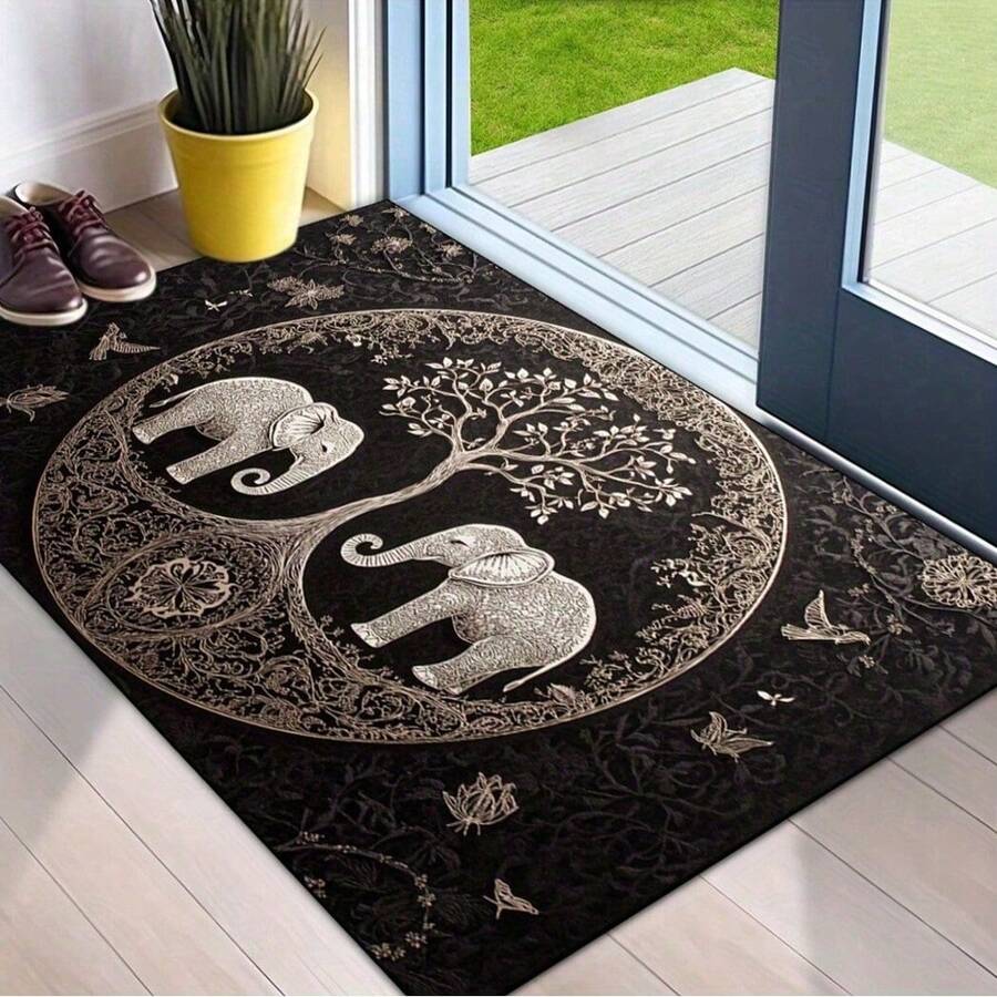Anti-Slip, Washable Elephant & Tree Of Life Welcome Mat - Durable Polyester With Rubber Backing Entrance Rug For Living Room, Bathroom, Kitchen, Laundry, Patio - Perfect Home Decor - màu đen - Xem 1