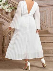 Vestido largo de mujer de talla grande de otoño con cuello en V, mangas largas, plisado y espalda descubierta en diseño de línea A - Blanco - Ver 3