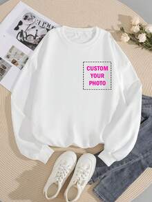 Personalisierte Geschenke, personalisierte Damen Rundhals Sweatshirts, personalisiert vorne und hinten, fügen Sie Ihre Fotos hinzu (Muster/Logos/Familienfotos/Selfies/Haustiere/Paar), Sie können Text und Fotos auf der Rückseite hinzufügen, wählen Sie Ihren Lieblingstext, individualisieren Sie Sweatshirts, entwerfen Sie Ihre eigenen personalisierten bedruckten Sweatshirts als Geschenke für Freundinnen, Paar-Sweatshirts usw. Weiß - Weiss - Übersicht 3