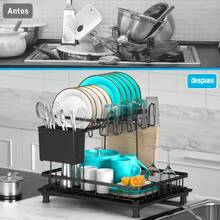 Escurridor de Trastes de 2 Niveles de Acero Inoxidable para Cocina, Escurreplatos con Bandeja de Drenaje, Soporte para Utensilios, Tabla de Cortar y Estante para Tazas, Fácil de Instalar y Limpiar - Negro - Ver 7