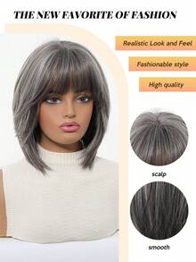 高品质12英寸灰色波波头短直发合成假发，带刘海，女士假发，适合节日、派对和日常佩戴 - 灰色 - 查看 8