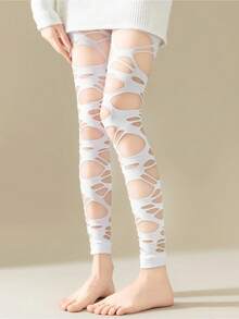 1 Piece Women's Plus Size Torn Fishnet Pantyhose - High Elasticity Asymmetric Patchwork Design With Irregular Hollow Thigh Slits, Sexy Avant-Garde Black Stockings, Suitable For Casual And Formal Outfits, Comfortable Elastic Fit (Hand Washable) - Fashionable And Cute Style