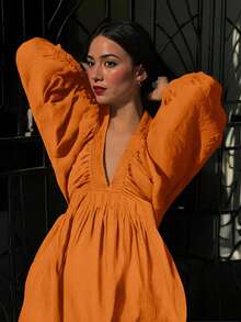 Elegant Fashion Sexy Deep V-Neck Puff Sleeve Casual Mini Dress, Vacation Boho & Tropical Sundress For Women, Spring/Summer - Orange - View 3