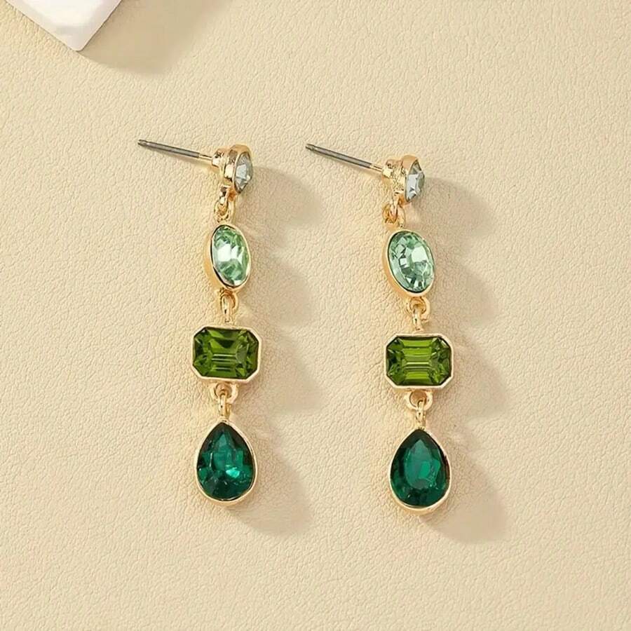 1Pair Gradient Green Rhinestone Dangle Earring Light Luxury Retro Elegant Rhinestone Drop Earrings Women's Earring Jewelry Gift - màu xanh lá - Xem 1