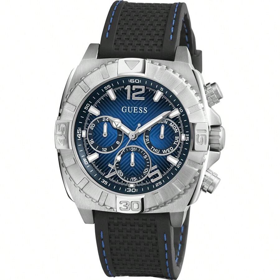 Guess 1 Piece Men's Quartz Watch – 46 Mm Silver Stainless Steel Case & Bracelet, Blue Dial With Multifunctional Timing &Black Rubber Watch Strap, Date Display, 50 M Water-Resistant Fashion Accessory–GW0801G1