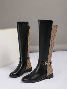 女士时尚过膝靴，秋冬粗跟马靴，新款拼色侧拉链高筒靴，百搭高筒靴，休闲度假西式圆头粗跟直筒靴，假日长筒靴，舒适冬靴，女士牛仔靴 - 黑色 - 查看 7