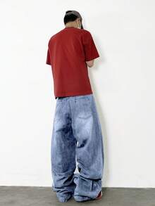 1 pieza Pantalones vaqueros anchos y sueltos con decoración de flores hechos a mano y lavado vintage de Justice Brother para hombres (cinturón y accesorios no incluidos) - Azul - Ver 7