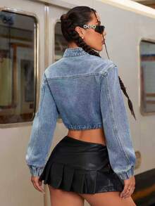 Women's Denim Crop Jacket With Drawstring Hem And Stand Collar Long Sleeves Zipper And Pockets Non-Stretch Fabric Casual Spring - Light Wash - View 4