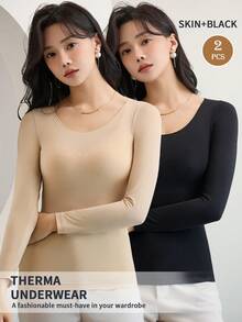 2 件女士无缝超薄保暖内衣 - 柔软舒适的长袖圆领上衣，适合内衣和睡衣，优质材料 - 彩色 - 查看 2