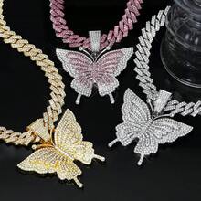 Hip Hop Sparkle Animal Big Butterfly Pendant Cuban Chain Y2K Zinc Alloy Valentine's Day Gift For Men And Women Fashion Jewelry