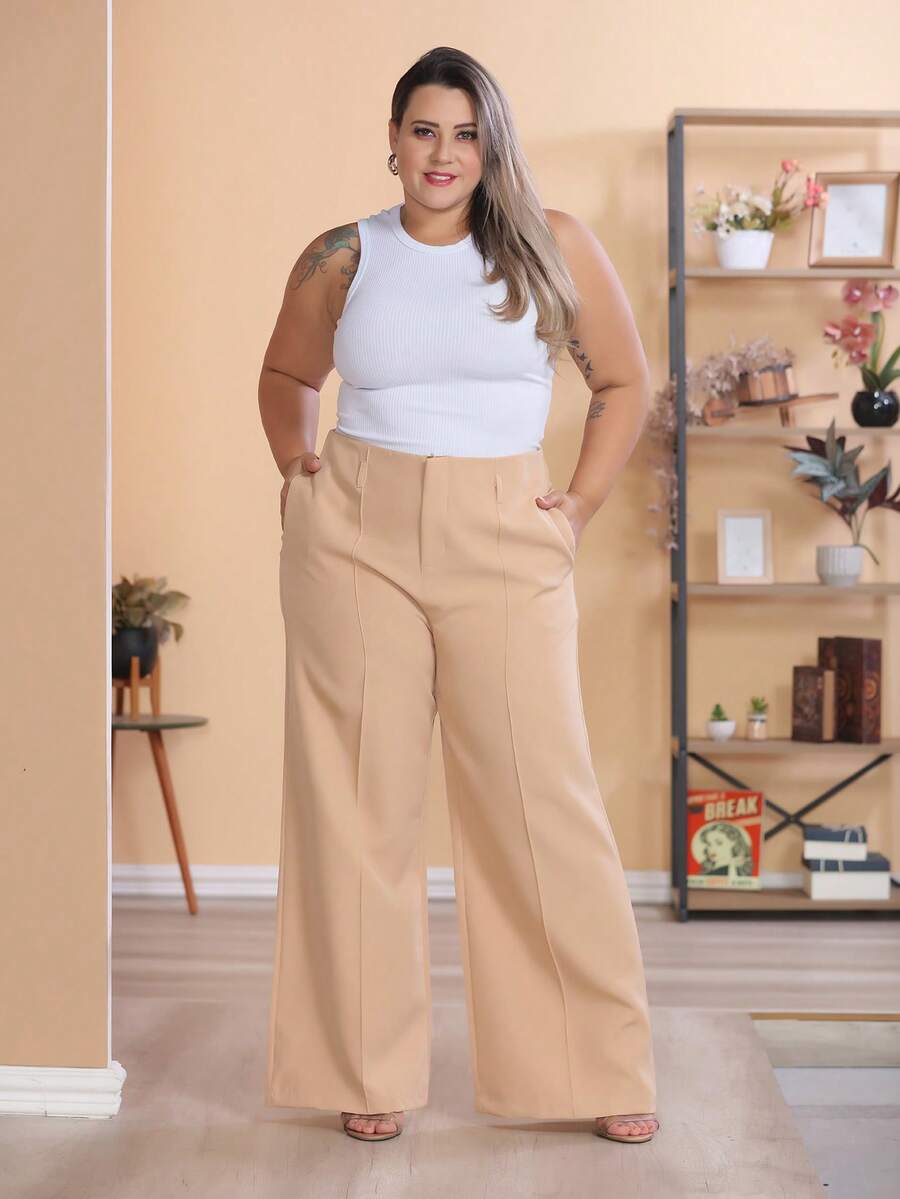 Plus Size Wide Leg Pants, New Fashion Tailored Fabric - 米色 - 查看 1