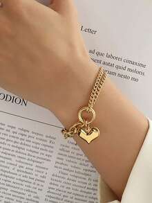 1pc Stainless Steel Heart Charm Bracelet, Suitable For Women