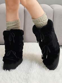 Faux Fur Snow Boots For Women Fuzzy Fluffy Furry Lace Up Mid Calf Boots Winter Warm Fur Boots For Christmas - màu đen - Xem 9