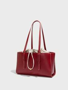 Túi xách đeo vai đôi màu đỏ tía cổ điển, đa năng, chất liệu PU chống thấm nước, có dây rút bên trong, ví đeo vai nữ, túi công sở thanh lịch, túi thời trang retro dành cho nữ, phù hợp cho du lịch, mua sắm, đi làm và dã ngoại. - Màu Đỏ Sâu - Xem 2