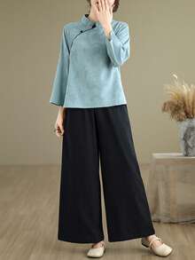 LUCIDVUE 1 Stück Damen Chinesischer Vintage Stil Mandarin Kragen Schräger Knopfleiste Jacquard Blau Leinen Bluse, elegantes verbessertes Hanfu, Frühling/Herbst - Blau - Übersicht 11