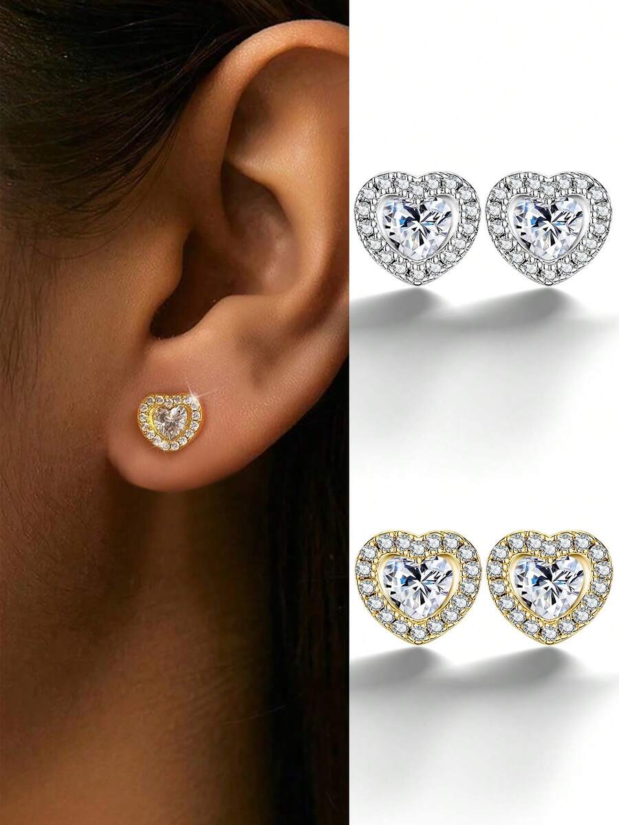 一对925纯银时尚微镶心形耳环，简约优雅，适合日常佩戴、派对以及作为情人节礼物。