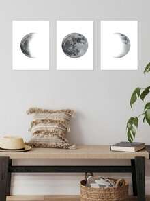 3 件套月亮墙饰、自然风景墙饰、灰色风格帆布印刷品、天文学家居装饰、宇宙艺术品墙贴墙饰、夜空房间装饰壁挂海报，适用于客厅、卧室、浴室