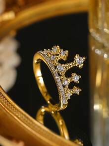 Nhẫn bạc đính đá pha lê hình vương miện nữ hoàng sang trọng, Quà tặng trang sức thời trang cho phụ nữ, Thích hợp cho đám cưới, ngày lễ tình nhân và ngày của mẹ - Vàng - Xem 11