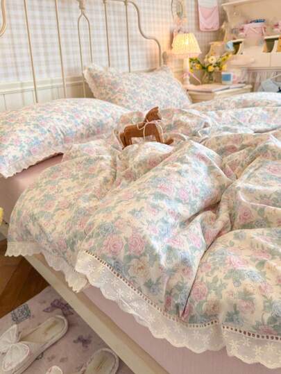 4pcs White Embroidered Floral Lace Duvet Cover Set, Soft & Comfortable Bedroom Bedding, Floral Design, Breathable & Soft All Season Bedding Set Including 1 Duvet Cover, 1 Flat Sheet, 2 Pillow Shams, No Filling, Suitable For Bedroom, Dorm, Home Use, Multiple Sizes Available