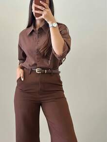 女式简约设计喇叭腿休闲裤，适合通勤、办公室、日常穿着，四季皆宜 - 咖色 - 查看 3