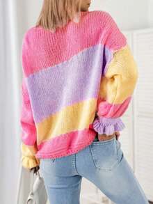 Women's Contrast Color Drop Shoulder Long Sleeve Casual Knit Cardigan, Autumn/Winter - Multicolor - View 2